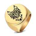 Polished gold stainless steel signet ring with a black tribal wolf head engraving - US 7 / Gold Front Wolf