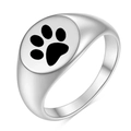 Macro detail of silver stainless steel ring featuring a black laser engraved paw print - Steel Dog Paw
