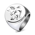Polished silver stainless steel signet ring for men featuring a black wolf head engraving - US 7 / Steel Color Side Wolf