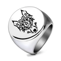 Macro shot of polished stainless steel signet ring with black tribal wolf head engraving - US 7 / Steel Color Front Wolf