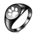 Polished black signet ring featuring a laser engraved white pet paw print on a flat top - Black Dog Paw