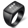 Chevalière en acier inoxydable noir mat avec gravure laser de trois palmiers - US 7 / Noir