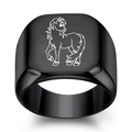 Macro detail of a 18mm black stainless steel ring with a white laser-engraved horse icon - Black Walking Horse