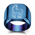 Detailed macro shot of blue gradient signet ring with laser engraved horse motif - Blue Walking Horse