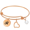 Bracelet ajustable or rose avec pendentif lettre R, breloque cœur et perle blanche - Or Rose R