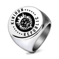 Vintage lion king signet ring in silver titanium steel with circular heraldic engraving - US 7 / Steel