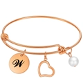 Bracelet en fil d'or rose avec pendentif lettre W, cœur évidé et perle blanche - Or Rose W