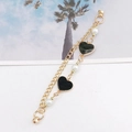 Golden double chain bracelet with black hearts and white pearls for phone case or shoes - Magnetic Model / Black