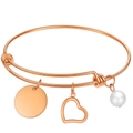 Bracelet ajustable or rose avec disque rond, pendentif cœur et perle blanche - Or rose