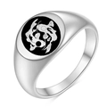 Polished stainless steel signet ring with black enamel and white koi fish yin yang design - Size 7 / Steel