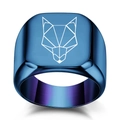 Blue stainless steel signet ring with geometric laser-engraved wolf head design - US 5 / Blue