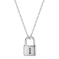 Macro shot of silver padlock pendant with letter I engraving on stainless steel chain - Padlock Letter I / Steel