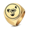 Polished gold stainless steel men's ring with a black laser-engraved scorpion design - US 7 / Gold