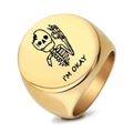 Golden stainless steel signet ring with skeleton OK gesture and I'M OKAY engraving - US 7 / Gold