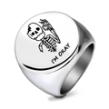 Polished stainless steel signet ring with skeleton OK gesture and I'M OKAY engraving - US 7 / Steel