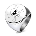 Polished stainless steel signet ring featuring a black laser-etched skull and crossbones - US 7 / Round Steel Color