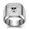 Polished stainless steel square signet ring with laser-etched skull and crossbones motif - US 7 / Square Steel