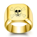 Polished gold square signet ring for men featuring a black pirate skull and crossbones - US 7 / Square Gold