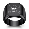 Polished black stainless steel signet ring with white skull and crossbones design - Square Black