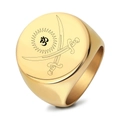 Gold round signet ring featuring engraved crossed swords and Om symbol in stainless steel - US 7 / Gold