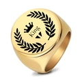 Polished gold stainless steel signet ring with engraved crown and King emblem - US 7 / Gold