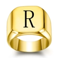 Minimalist gold stainless steel signet ring with black letter R engraving for men - Size 6 / Style R