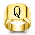 Polished gold stainless steel square signet ring featuring a black engraved letter Q - Size 6 / Style Q