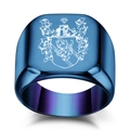 Vintage stainless steel ring with engraved lion crest and blue inner brushed finish - US 5 / Blue