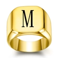 Polished gold square signet ring featuring a black engraved letter M for men and women - Size 6 / Style M