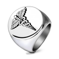Polished stainless steel signet ring with black Caduceus medical symbol engraving - US 7 / Steel