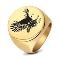 Men's gold-plated stainless steel signet ring with black eagle engraving on circular face - US 7 / Gold