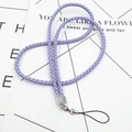 Detail of purple braided lanyard with silver square metal buckle and phone attachment loop - Purple