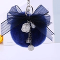 Navy blue faux rabbit fur pom pom keychain with organza ribbon bow and silver charms - 8cm Pompom / Sapphire Blue