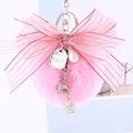 Pink faux rabbit fur pom pom keychain with organza ribbon bow and pearl charms - 8cm Pompom / Pink