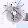 Grey faux rabbit fur pompom keychain with large striped ribbon bow and pearl charm - 8cm Pompom / Gray