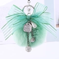 Mint green faux rabbit fur keychain with sheer ribbon bow and pearl bead charms - 8cm Pompom / Mint Green