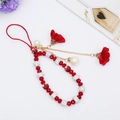 Dragonne de téléphone en perles avec roses rouges, perles blanches et cristaux argentés - Rouge