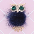 Creative owl ornament with green rhinestone eyes and blue faux fur ball body - Navy Blue