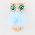 DIY owl pendant with golden metal frame, green gem eyes, and light blue fluffy fur ball - Light Blue