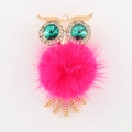 Creative owl car pendant with rose red faux fur pompom and sparkling green rhinestone eyes - Rose Red