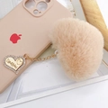 Plush heart phone charm with faux fur and rhinestone I Love You engraved tag - Jewelry / Khaki (D2229 Heart)