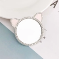 Detail of round portable makeup mirror with sparkling rhinestones and pink cat ears - Cat Ear Style / Silver