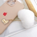 White faux fur pompom keychain with gold I love you heart pendant and rhinestones - Jewelry / White (D2226 Heart)