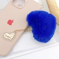Blue heart faux rabbit fur keychain with gold chain and I Love You engraved heart charm - Jewelry / Blue (D2228 Heart)