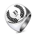 Detail showing laser engraved Gothic letter P and laurel wreath on a 22MM signet ring - Letter Y