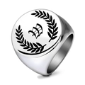 Macro shot of 22mm signet ring featuring laser-engraved laurel leaf and gothic letter - Letter W