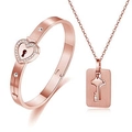 Rose gold heart lock bracelet and key necklace set in brushed stainless steel finish - Rose Gold With Zirconia