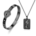 Detail of black matte heart lock bracelet and key necklace set with crystal accents - Rhinestone Black