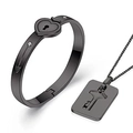 Detail of black matte stainless steel couple jewelry set with heart lock and key pendant - ID Plate Style / Square Tag Black