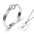 Polished stainless steel couple's jewelry set with heart lock bracelet and key necklace - ID Plate Style / Square Tag Steel